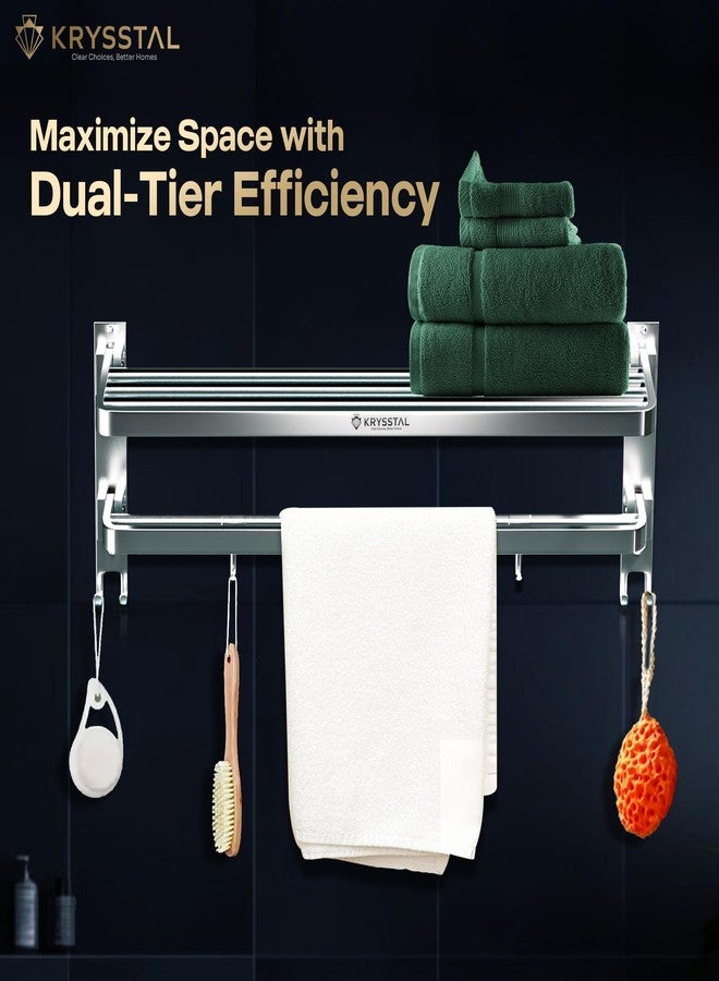 KRYSSTAL Towel Holder in Bathroom - Towel Hanger for Wall,TwinFlex 304 Stainless Steel Foldable Towel Rack, Rustproof Wall Mounted Bathroom Shelf with Hooks, Heavy Duty Bathroom Accessories,24 Inch, Silver - Image 2